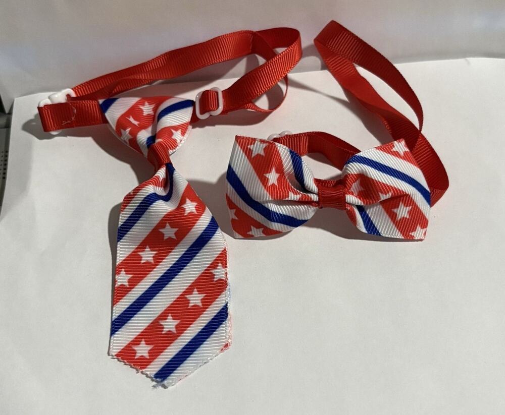 Bow Tie Necktie Set 250th July 4th USA Flag Stars Stripes Dog Cat 7"+